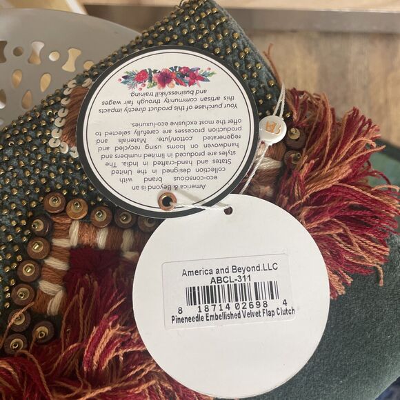 America and Beyond Pineneedle Velvet Flap Clutch Green Handbag Crossbody Clutch - Picture 8 of 8